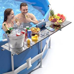 lot 19980 image: FUQUN Above Ground Pool Table, 47 x 11.7 Stainless Steel Poolside Bar & Pool Shelf, Heavy-Duty Adjustable Swim-Up Bar for 2-4 Top Rails, Round & Oval Frame Pools, Mirrored Silver