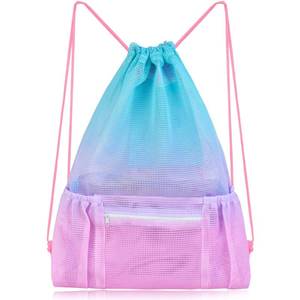 lot 20280 image: Nidoul Mesh Drawstring Bag with Zipper Pocket, Beach Bag for Swimming Gear Backpack Gym Storage Bag for Adult Kids (Pink Blue)