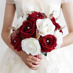 lot 20292 image: Jackcsale Wedding Bouquets for Bride Bridesmaid, Wine Red White Rose Artificial Flowers Bouquet Bouquet Bride Church Home Decoration