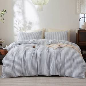 lot 20295 image: FOSSA Striped Duvet Cover Set 100% Washed Cotton Linen Feel Super Queen