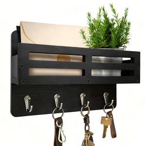 lot 20299 image: KISENG Key Holder Wall Mount, 10 inch Decorative Key and Mail Holder for Wall, with Mail Organizer & 4 Key Hooks, Rustic Wooden Key Rack for Hanging Dog Leash Sunglasses, Entryway Key Hanger, Black