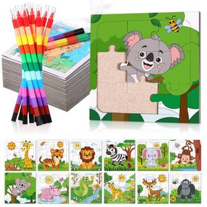lot 20341 image: Fullhawl 24 Pack Wild Animal Puzzles Jungle Safari Color Your Own Puzzles DIY Wild One Jigsaw Puzzles with 12 Stackable Crayons and 12 Bags for Safari Theme Gifts Birthday Party Supplies