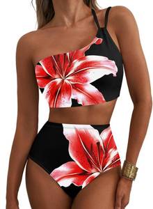 lot 20366 image: Herseas Womens Slimming High Waisted Two Piece Bikini Black Red Floral L