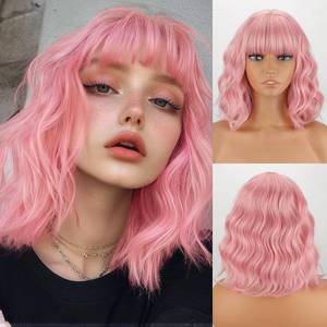 lot 20392 image: MISSQUEEN Pink Bob Wig with Bangs,Short Light Pink Wavy Wigs for Women
