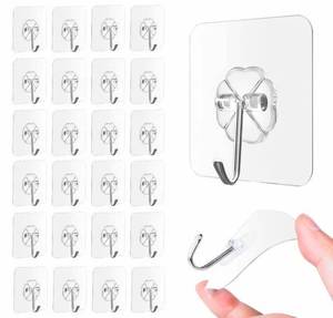 lot 20440 image: QUALIALL 33lbs Adhesive Hooks for Hanging on Wall or Ceiling, Heavy Duty, Clear, Damage Free, Traceless, Stick on Hangers for Kitchen Bathroom, 10pcs