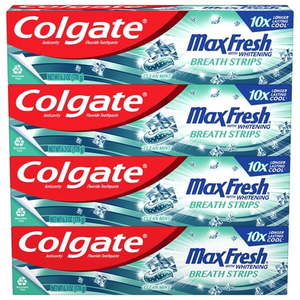 lot 20479 image: Colgate Max Fresh Whitening Toothpaste with Mini Strips  Clean Mint Toothpaste for Bad Breath  Helps Fight Cavities  Whitens Teeth  and Freshens Breath  6.3 Ounce (Pack of 4)