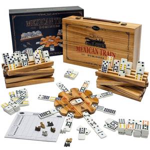 lot 1600 image: Mexican Train Dominoes Set with 8 Charcoal-burned Wooden Holders & Hub