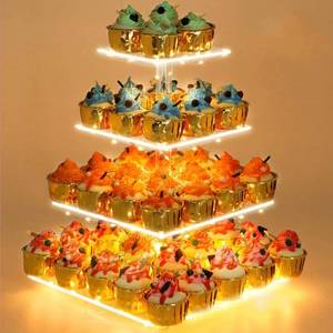 lot 1609 image: YestBuy Cupcake Stand with Yellow LED Lights, 4 Tier Cupcake Stand for 50 Cupcakes, Acrylic Cupcake Tower Stand, Clear Tiered Cupcake Holder for Birthday Candy Bar D�cor Weddings, Parties Events