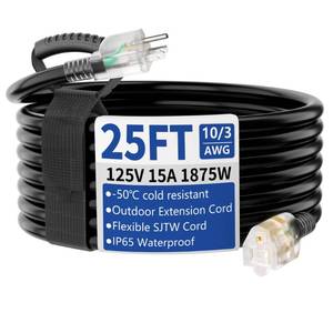 lot 1620 image: cismorvex 25ft OutdoorIndoor Extension Cord with Lighted 103 Gauge, Black