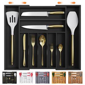 lot 1621 image: Bellsal Large Premium Bamboo Silverware Organizer - Expandable Utensil Drawer Organizer - 17x19.6 Utensil Holder and Cutlery Tray with Grooved for Kitchen Flatware and Utensils(7-9 Slot, Black)
