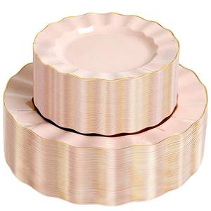 lot 1648 image: QualQuot 72PCS Blush Pink Plastic Plates, Wavy Plates with Gold Rim