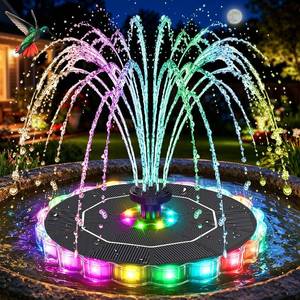 lot 2051 image: GAIZERL Solar Fountain, 2026 Upgrade 3.5W Solar Bird Bath Fountains with Colorful Ring LED Lights, 2000mAh Battery, 7 Nozzles and 4 Fixers, Solar Water Fountain Pump for Pond, Pool, Patio and Garden