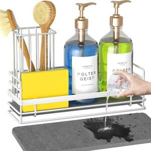 lot 2077 image: Yofidra Sink Caddy with Stone Drying Tray Stainless Steel Soap Dispenser Kitchen Sink Organizer Set, Sponge Holder Counter Accessories Decor for Kitchen Organizers and Storage 8.1x3.5x4.5 in White