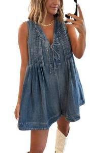 lot 2079 image: yoeasy Womens Sleeveless V Neck Shorts Denim Romper Tie Front Ruffle Cute Loose Jean Short Overalls with Pockets (Large, Dark Blue)