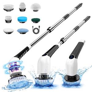 lot 2127 image: KEIMI Electric Spin Scrubber, Cordless Shower Cleaning Brush with 8 Replaceable Brush Heads, 3 Speeds, Extension Handle, Digital Display, IPX7 Power Scrubber for Bathroom, Tub, Tile and Floor