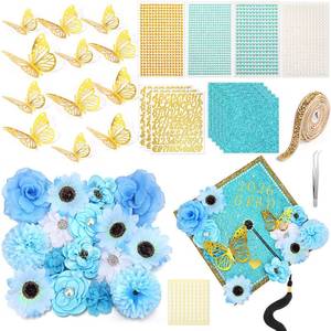 lot 2128 image: Wavwavw 43 PCS Grad Cap Decorations Kit, Flowers Butterflies, Light Blue