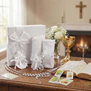 lot 2156 image: Liliful 7 Pcs White Baptism Candle Set Catholic Baptismal Candle Towel Rosary Necklace Shell Pin Pendant Christening Gift for Godparent Guest Favor Decoration First Holy Communion Gift(Classic,White)