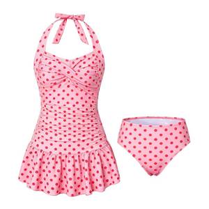 lot 2164 image: Voxikidio Size 12 13 Years Girls 2 Piece Swimsuits Halter Neck Two Piece Cover Up Skirt Bathing Suits Summer Teen Girl Swimwear (Pink Polka Dots 12-13Y)