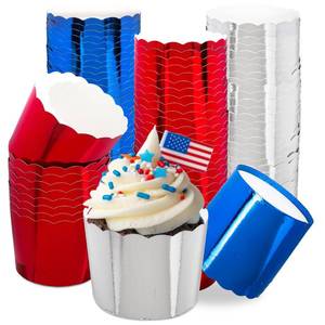 lot 2199 image: FYSUIMU 150Pcs Patriotic Paper Baking Cups Red Blue Silver Foil Cupcake Liners Cupcake Wrappers for July 4th Independence Day Memorial Day Veterans Day Party Supplies