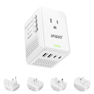 lot 2206 image: IPLUSO Converter for European Travel, 220v to 110v Voltage Converter with AC Socket, 2 USB C & 2 USB A Ports