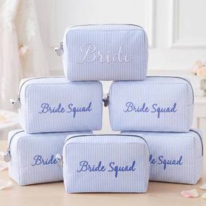 lot 3594 image: Hsei 6 Pcs Seersucker Bridesmaid Makeup Bag Bulk Squad Wedding Party Bridesmaid Cosmetic Bag Light Blue Seersucker Makeup Bags for Proposal Gifts, Bridal Shower, Bachelorette
