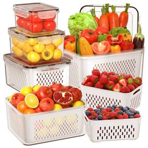 lot 3602 image: 5 PCS Large Fruit Storage Containers for Fridge with Removable Colanders, Airtight Food Storage Containers with 5 Lids, 4 in 1 Produce Containers Keep Berry Fruits Vegetable Food Meat Fresh Longer