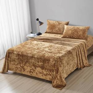 lot 3611 image: Fredsure Distressed Velvet Sheet Set, 4 Pieces Caramel Gold Queen, Ultra Soft, Warm