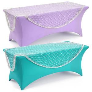 lot 3629 image: Breling 4 Pcs Fish Net Decorative and Mermaid Tablecloth Set Spandex Stretch Rectangular Table Cover for Mermaid Birthday Baby Shower Ocean Sea Party Decorations(Light Purple, Lake Blue,39 X 78)