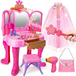 lot 3632 image: Toy Vanity Magic Makeup Set Table with Chair Dress Up Girl Toys Gift