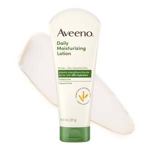 lot 4344 image: Aveeno Daily Moisturizing Body Lotion with Soothing Prebiotic Oat, Gentle Lotion for Women and Men Nourishes Dry Skin, Paraben-, Dye-, & Fragrance-Free, Non-Greasy & Non-Comedogenic, 8 Fl Oz