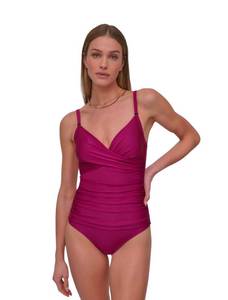 lot 4367 image: DKNY Womens Surplice Ruched Spaghetti Strap One Piece Swimsuit with Tummy Control, Boysenberry Shimmer, X-Large