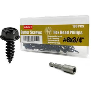 lot 4390 image: Allkeen #8 x 34 Self-Tapping Gutter Screws Hex Head Black Ruspert Coated Finish, 100 Pieces, 14 Magnetic Driver Included
