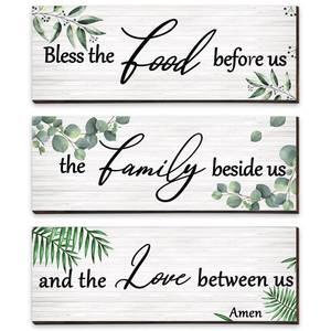 lot 4396 image: Maitys 3 Pieces Eucalyptus Greenery Wooden Wall Sign Bless Family Food Love Plaque Botanical Leaf Wall Art Green Leaves Rustic Porch Decor Farmhouse Hanging Plaque for Home Kitchen Decor