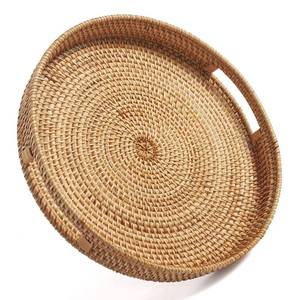 lot 4413 image: Coffee Table Tray Round Rattan Ottoman Tray Woven Serving Trays with Handles for Home and Kitchen Decorative Natural (Large 14 inch x 2.4 inch)
