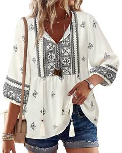 lot 4440 image: Vivilli Women Summer Outfits, Boho Tops for Women Womens Summer Tops Babydoll Top Flowy Tunic 34 Sleeve Top V Neck Cute Cotton Linen Tops Blouses Western Vacation Womens Top White XL