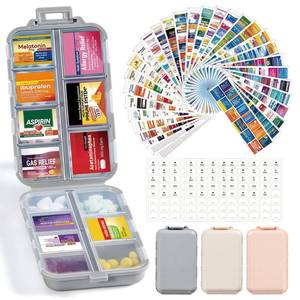 lot 4444 image: 3 Pack 14 Grids Travel Pill Organizer Box with 415-Pcs Medicine Name Labels - Pocket Daily Pharmacy Case Container Kit - Travel Medication Holder Dispenser for Fish Oil Vitamin Supplement Storage