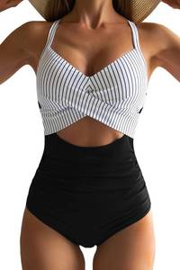lot 4449 image: Eomenie Womens One Piece Swimsuits Tummy Control Cutout High Waisted Bathing Suit Wrap Tie Back 1 Piece Swimsuit Black Striped Medium