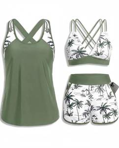 lot 4450 image: Daci Green Palm Tree 3 Piece Tankini Swimsuit Tummy Control with Bra Pocket Boy Shorts XS