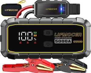 lot 5274 image: LIFMOCER GS500 Car Jump Starter - 5000A Car Battery Jump Starter for Up to All Gas and 10.0L Diesel Engines, 12V Portable Jump Box with Storage Case USB Quick Charge, and LCD Display