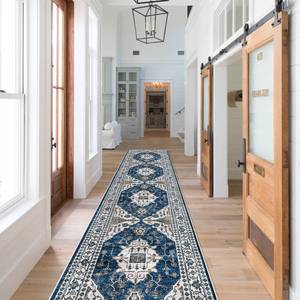 lot 5283 image: Hallway Washable Runner Rug - 2x10 Kitchen Rugs Entryway Rug Runner Vintage Soft Floor Mat Non Slip Indoor Farmhouse Carpet for Bathroom Living Room Bedroom (2 X 10, Blue)