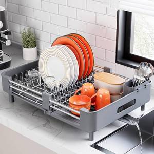 lot 5288 image: Urackify Extendable Stainless Dish Drying Rack for Kitchen Counter, Gray
