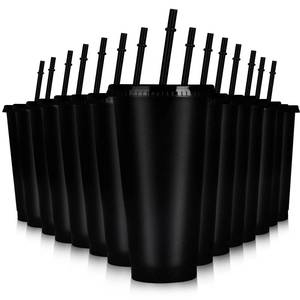 lot 5292 image: Hxezoc 16-Piece Reusable Cups with Lids and Straws, 24 oz Glitter Plastic Tumbler Iced Coffee Cups Travel Mug Cup for Smoothie Juices Beach or Bachelor Party (Black)