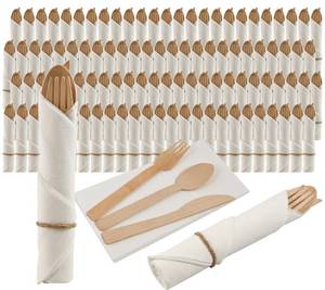 lot 5293 image: Pre Rolled Napkin and Bamboo Cutlery Set - 100Pack Bamboo UtensilsCompostable Cutlery(100 Forks, 100 Knives, 100 Spoons, 100 Napkins), Biodegradable Wrapped Cutlery for Party, Wedding, Events