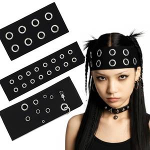 lot 8172 image: Maysing 3 Pcs Women Grommet Headband Y2k Punk Grunge Wide Hairbands Hollow out Eyelets Elastic Headband Casual Hair Accessory Fashionable Metal Hairbands Stretchy(Black,Stylish)