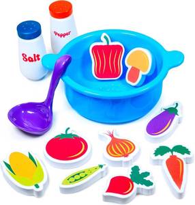 lot 8216 image: Tub Works� Tub Soup Scoop, Strain & Play Toddler Bath Toy  Floating Foam Veggies, Ladle for Scooping & Soup Pot for Straining  Pretend Play Cooking Kids Bath Toys  Creative Bathtub Toys