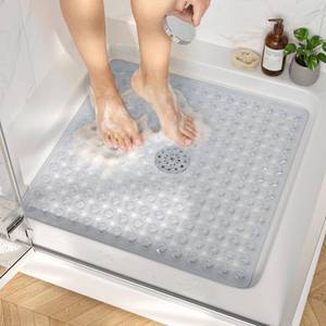 lot 8280 image: HITSLAM Shower Mat Anti Slip, Square Bath Mat for Tub Non Slip with Suction Cups and Drain Holes, 21x21 Inch Bathroom Shower Stall Floor Mat, Machine Washable, Soft on Feet, Clear