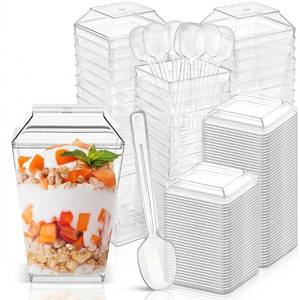 lot 8290 image: Dessert Cups with Lids and Spoons, 5 oz Clear Trapezoid, 75 Piece Set
