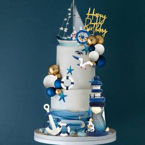 lot 8302 image: Nautical Cake Topper Ship Lighthouse Blue White Ball Cake Toppers Seagulls Anchor Rudder Cake Decorations for Nautical Theme Birthday (Style 01)