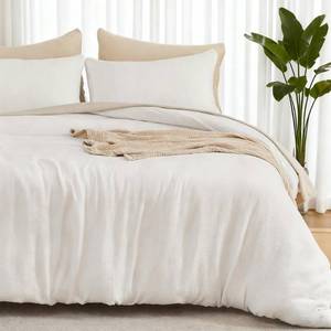 lot 9012 image: EMME Cream White Muslin Duvet Cover Queen Size, 100% Cotton Soft Gauze Bedding Set with 2 Pillowcases, Breathable Lightweight All Season Comforter Cover with Zipper & Corner Ties, 90x90