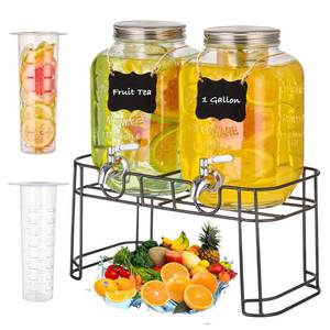 lot 9015 image: 1 Gallon Glass Drink Dispensers for Parties, 2 Pack Beverage Dispenser with Stand, Fruit Infuser & Leakproof Stainless Steel Spigot, Juice Dispenser for Lemonade, Iced Tea, Sun Tea & Infused Water